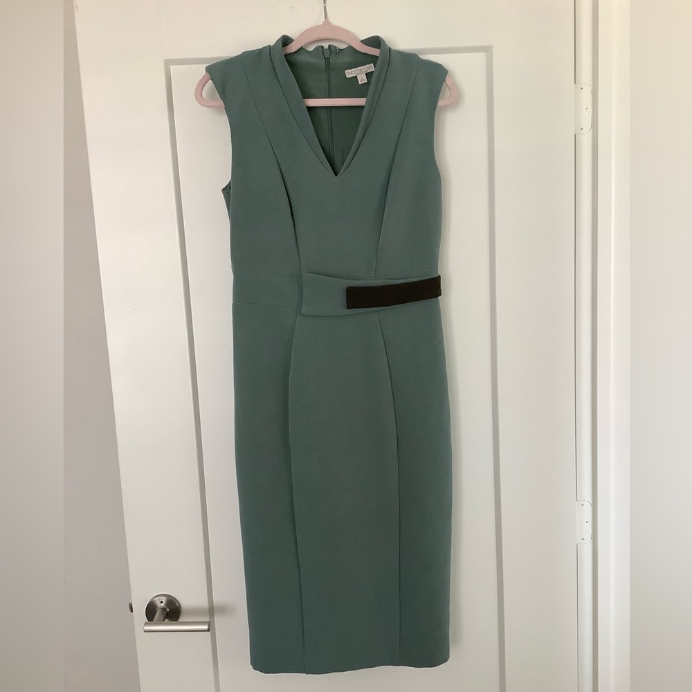 🌺❤️🍾EVA MENDES 👗 New York & Company Green Sheath Midi Dress V-Neck Sleeveless🌸🍀